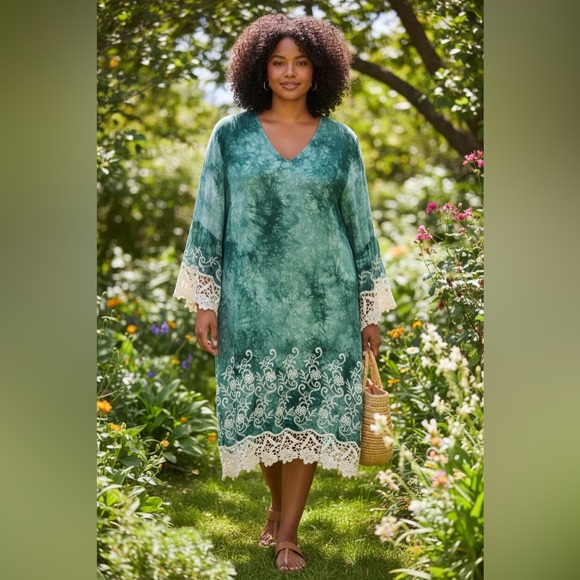 C Est. 1946 Dresses & Skirts - COTTAGECORE FAIRY Sz XL Green Cream 3/4 Sleeve Tie Dye Dress Embroidered Crochet